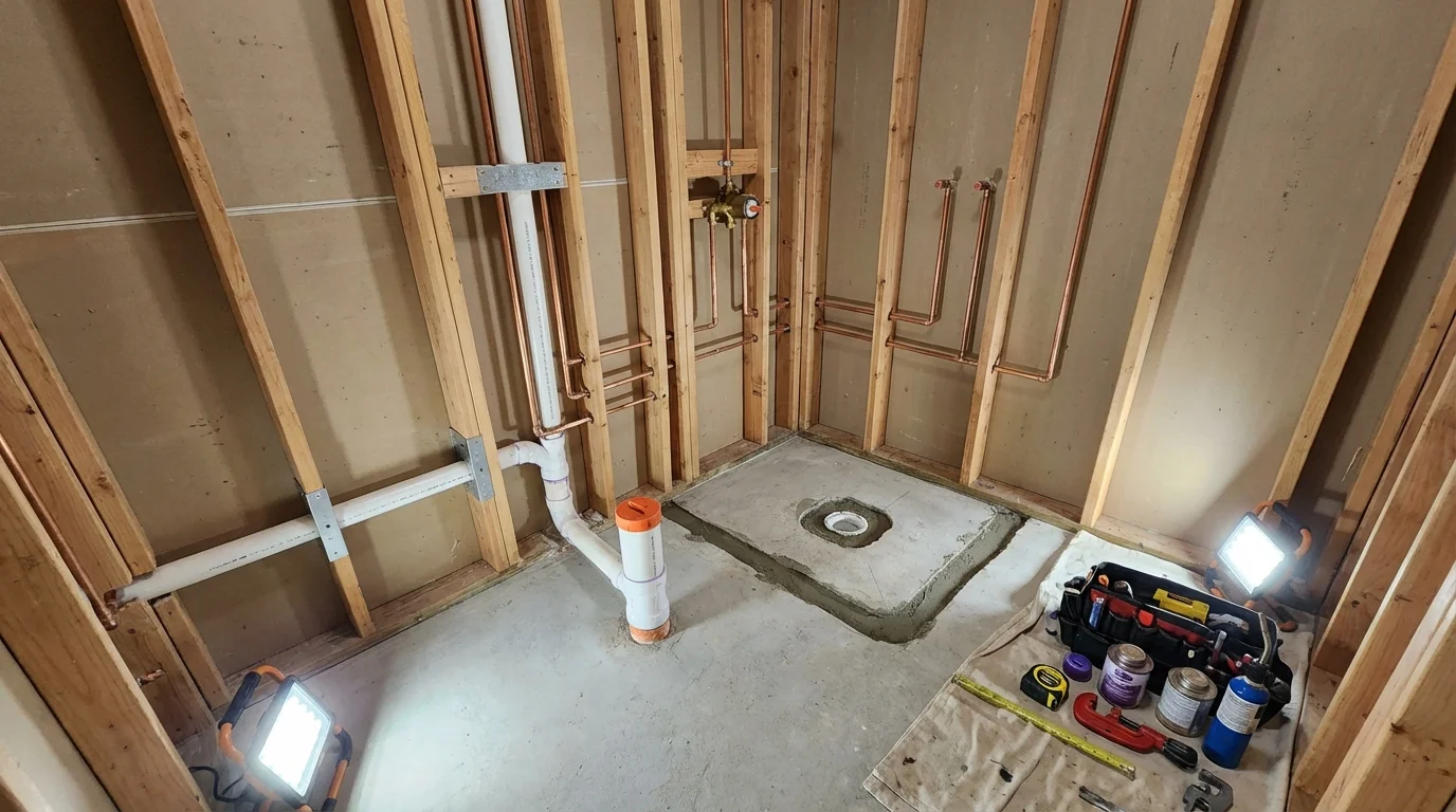 Bathroom rough-in plumbing during remodel by Johns Plumbing LLC in Greensboro