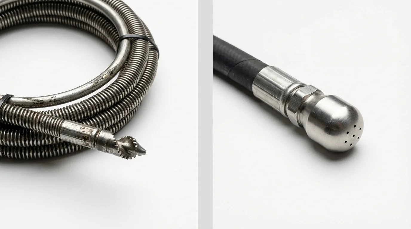 Drain snake cable and hydro jetting nozzle used for drain cleaning in Greensboro, GA