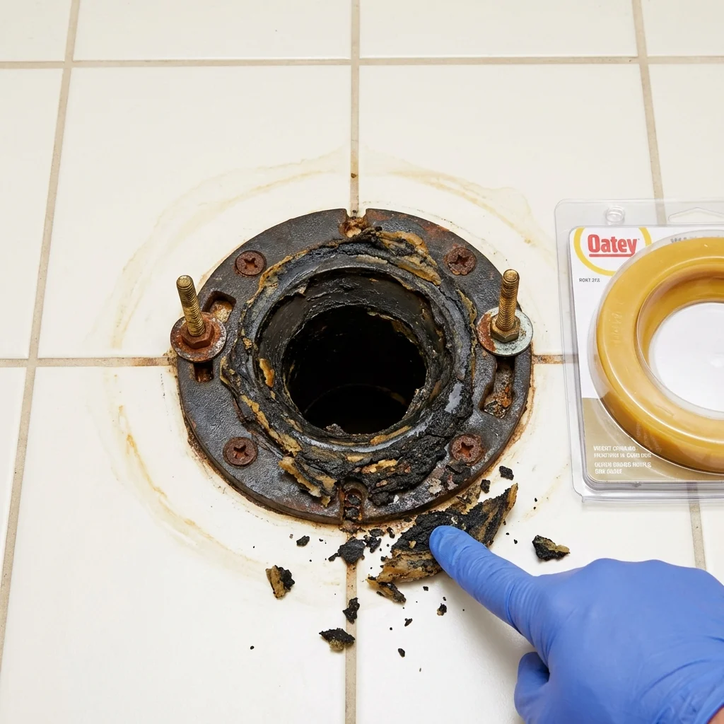 Failed wax ring showing water seepage at the base of a toilet in a Greensboro, GA home