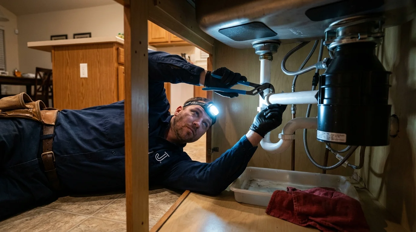 P-trap and supply line connections under a kitchen sink showing a common leak point in Greensboro, GA